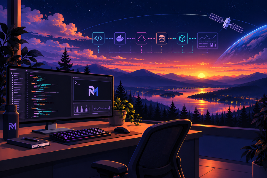 Illustrated developer workspace overlooking a mountain landscape with cloud infrastructure and a satellite overhead